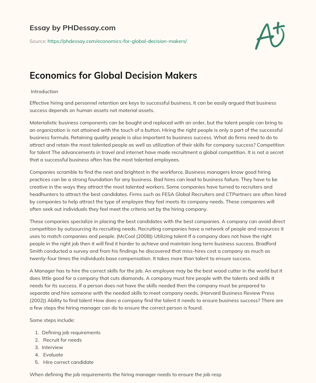 Economics for Global Decision Makers essay