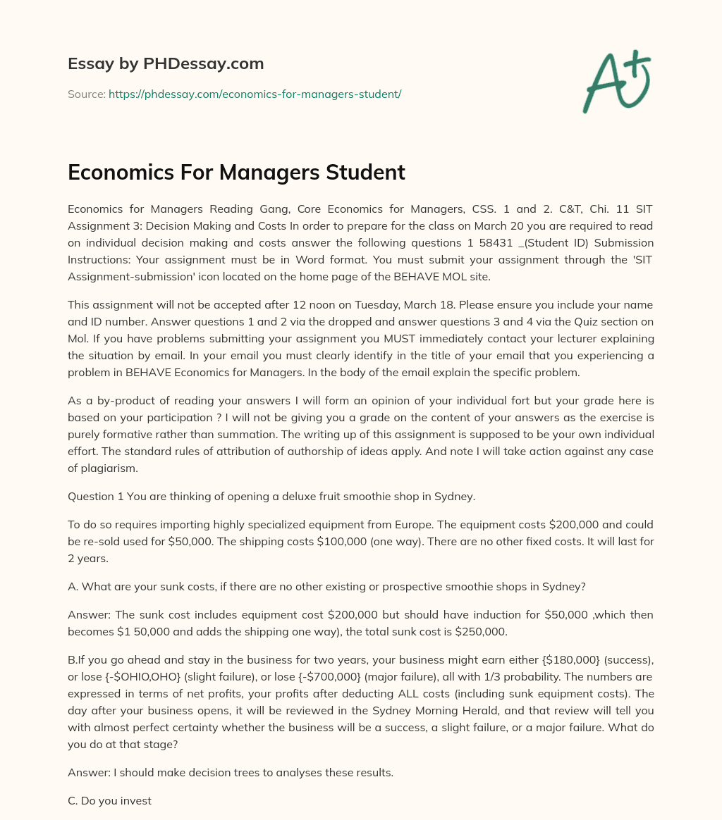Economics For Managers Student essay