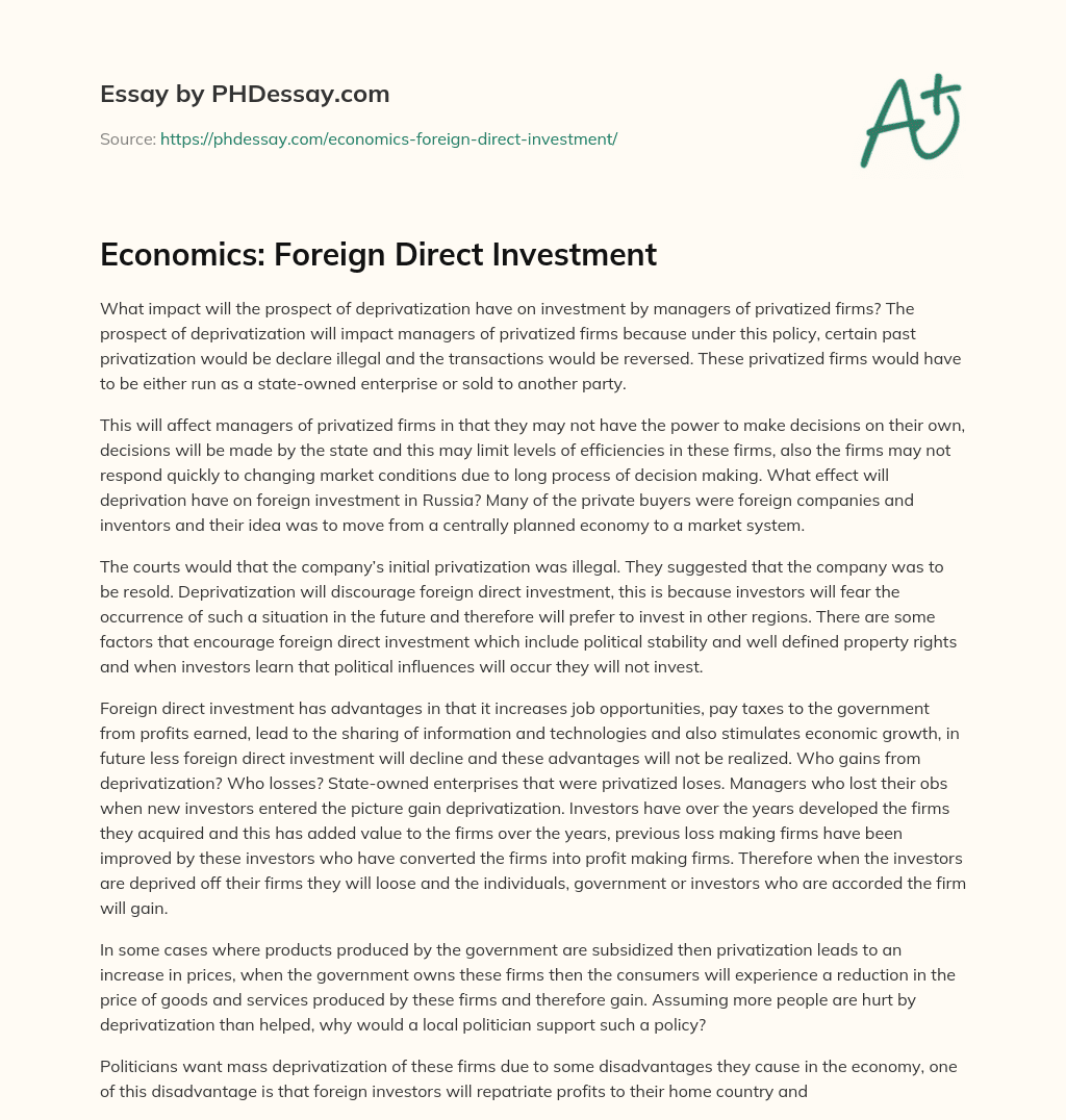 Economics: Foreign Direct Investment essay