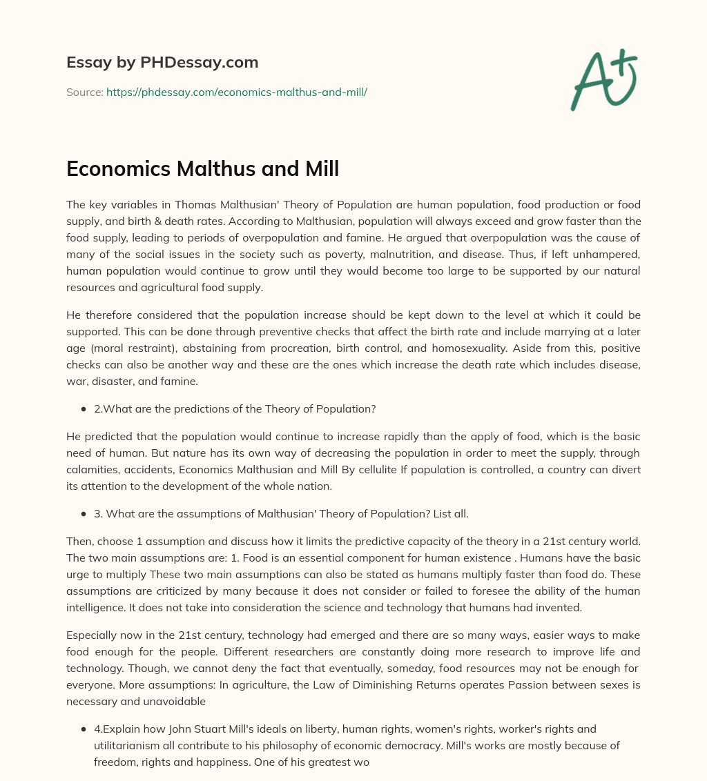 Economics Malthus and Mill essay