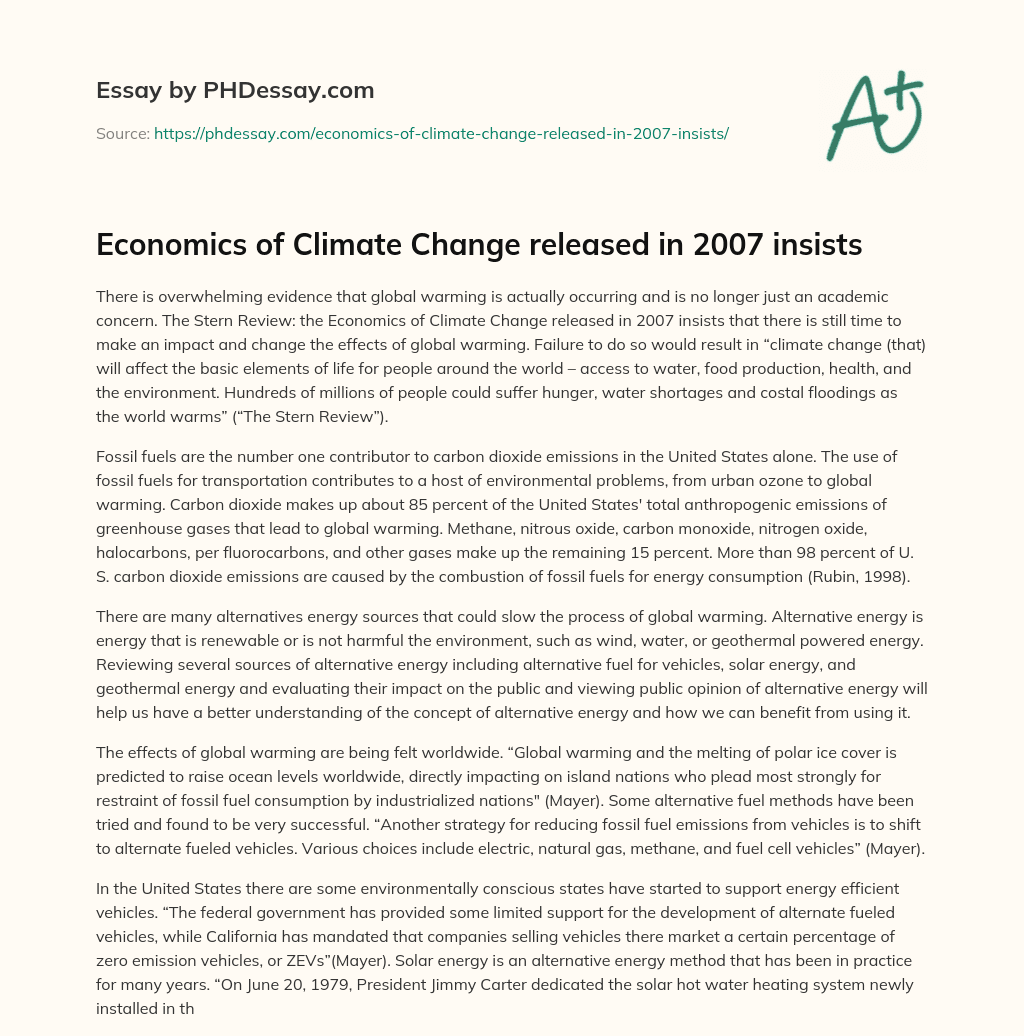 Economics of Climate Change released in 2007 insists essay