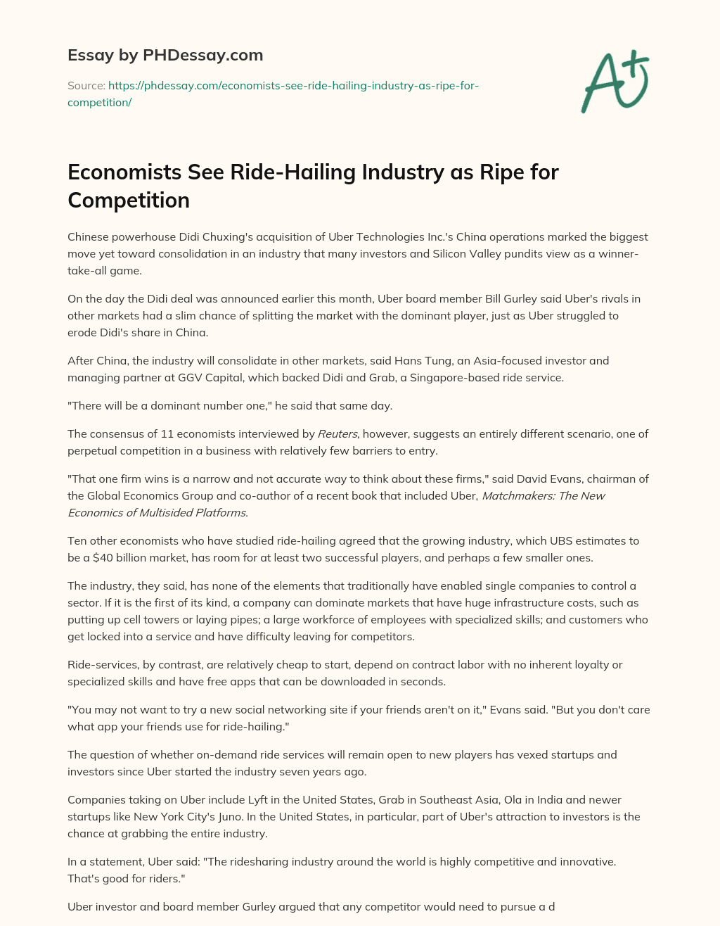 Economists See Ride-Hailing Industry as Ripe for Competition essay