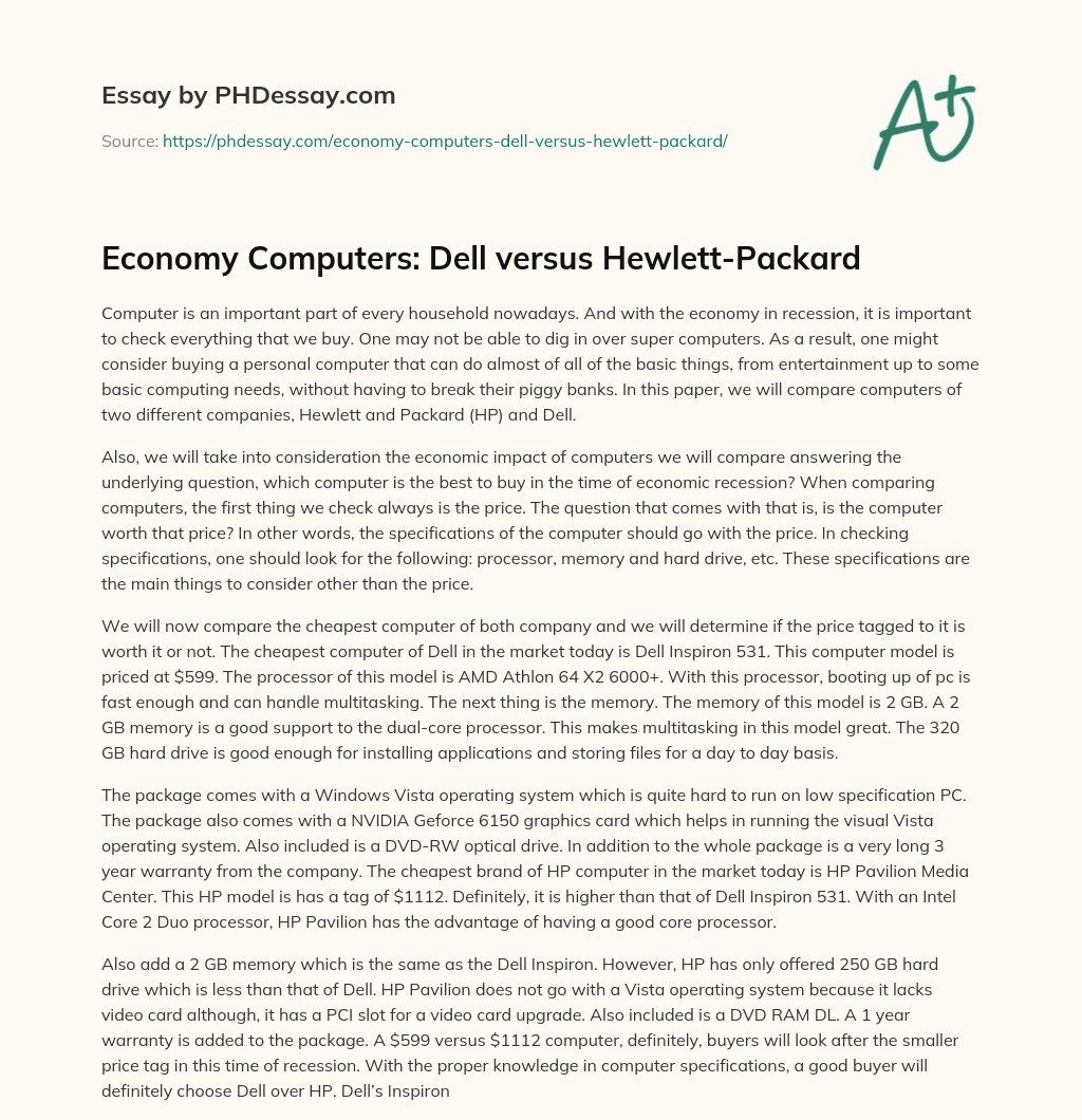 Economy Computers: Dell versus Hewlett-Packard essay
