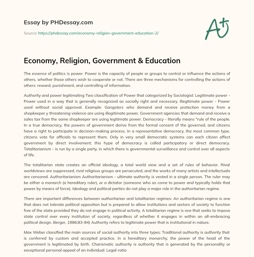 Economy, Religion, Government & Education essay