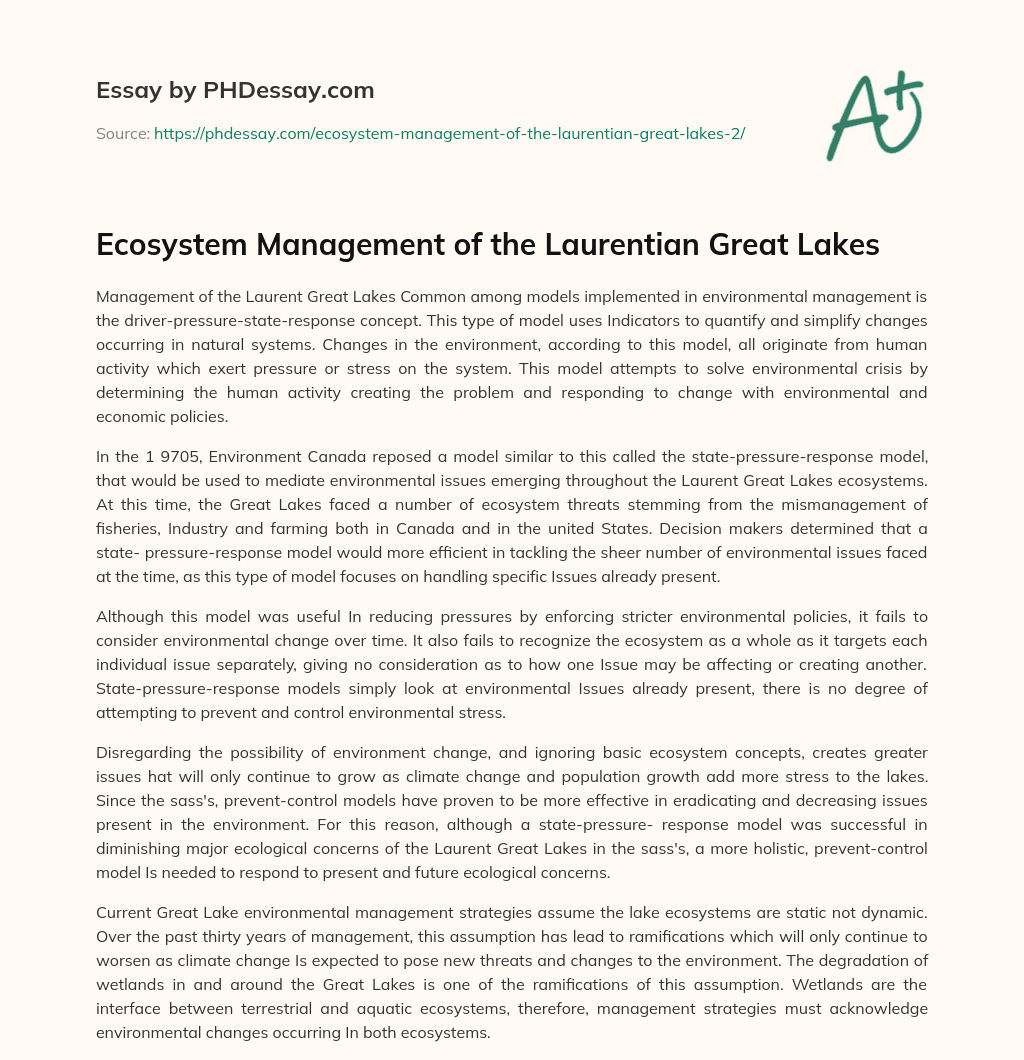Ecosystem Management of the Laurentian Great Lakes essay
