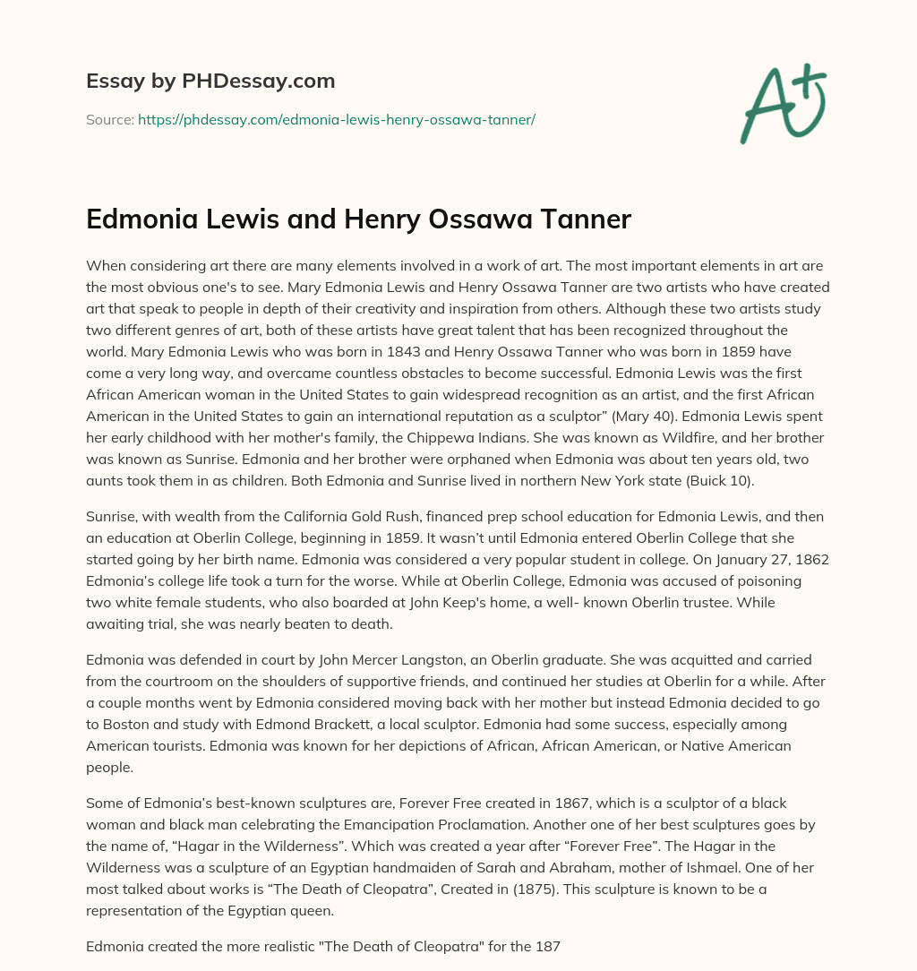 Edmonia Lewis and Henry Ossawa Tanner essay