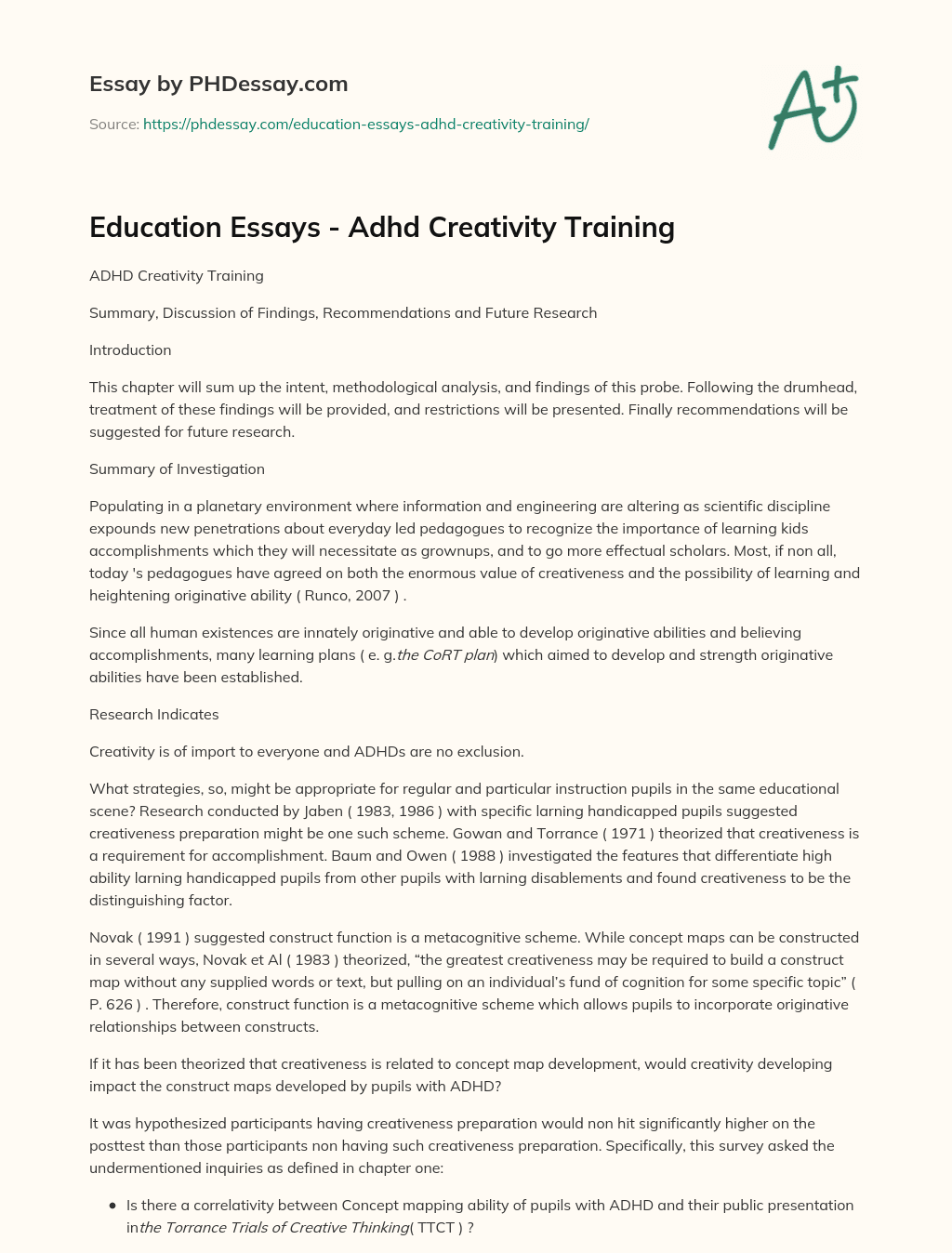 Education Essays – Adhd Creativity Training essay