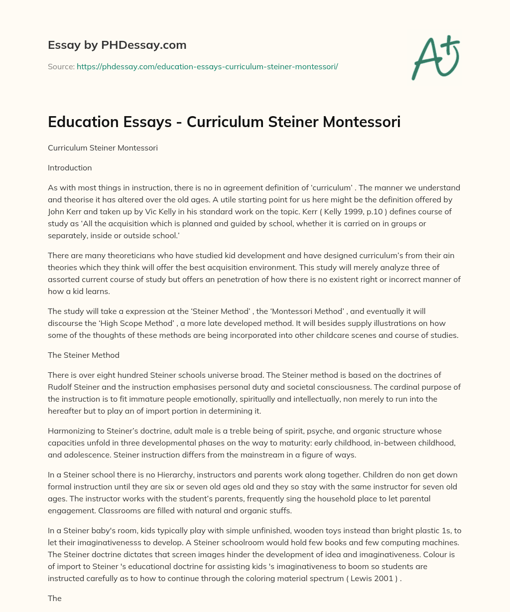 Education Essays – Curriculum Steiner Montessori essay