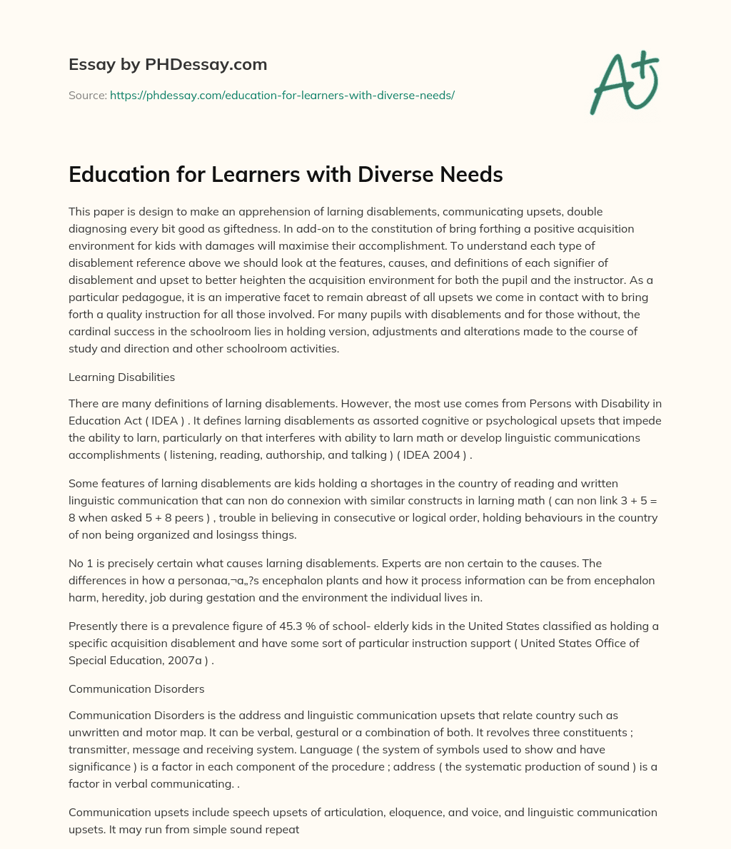 Education for Learners with Diverse Needs essay