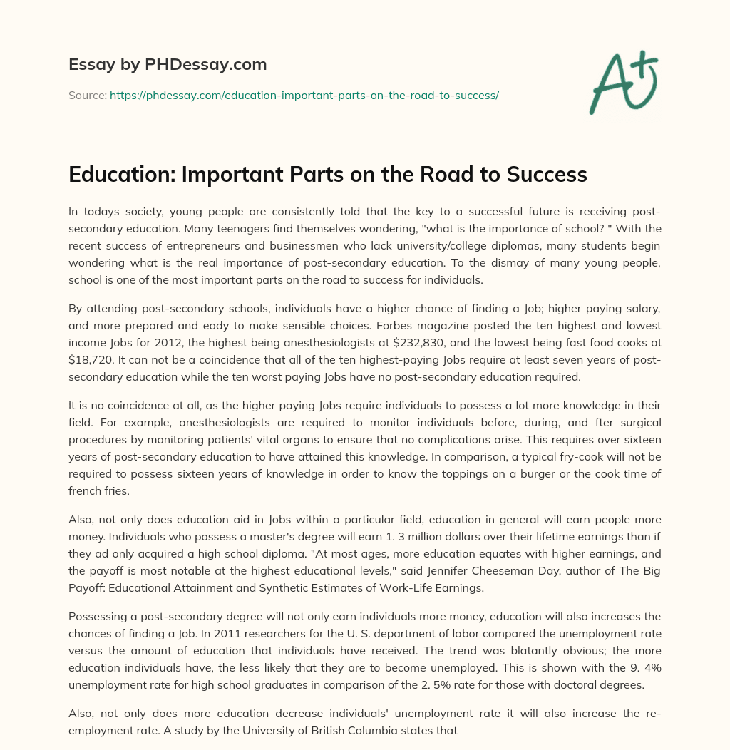 Education: Important Parts on the Road to Success essay
