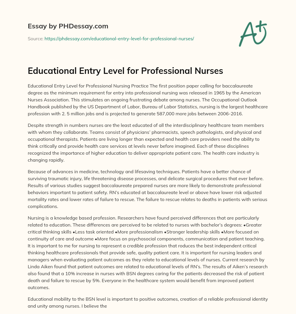 Educational Entry Level for Professional Nurses essay