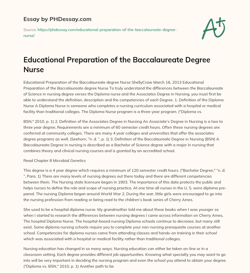 Educational Preparation of the Baccalaureate Degree Nurse essay