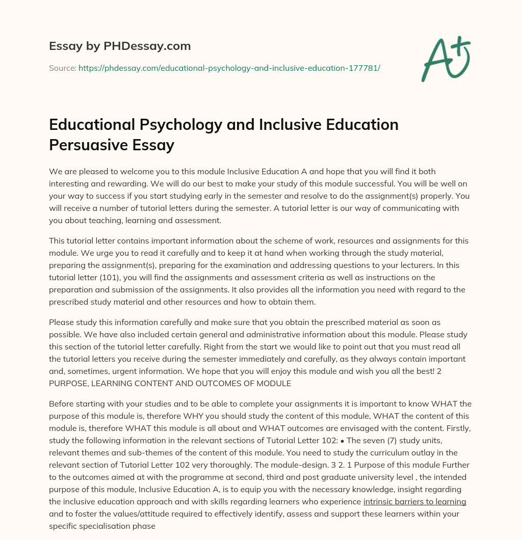 Educational Psychology and Inclusive Education Persuasive Essay essay