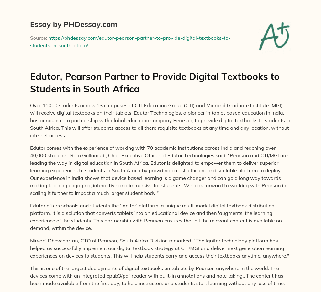 Edutor, Pearson Partner to Provide Digital Textbooks to Students in South Africa essay