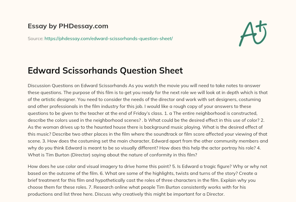 Edward Scissorhands Question Sheet essay