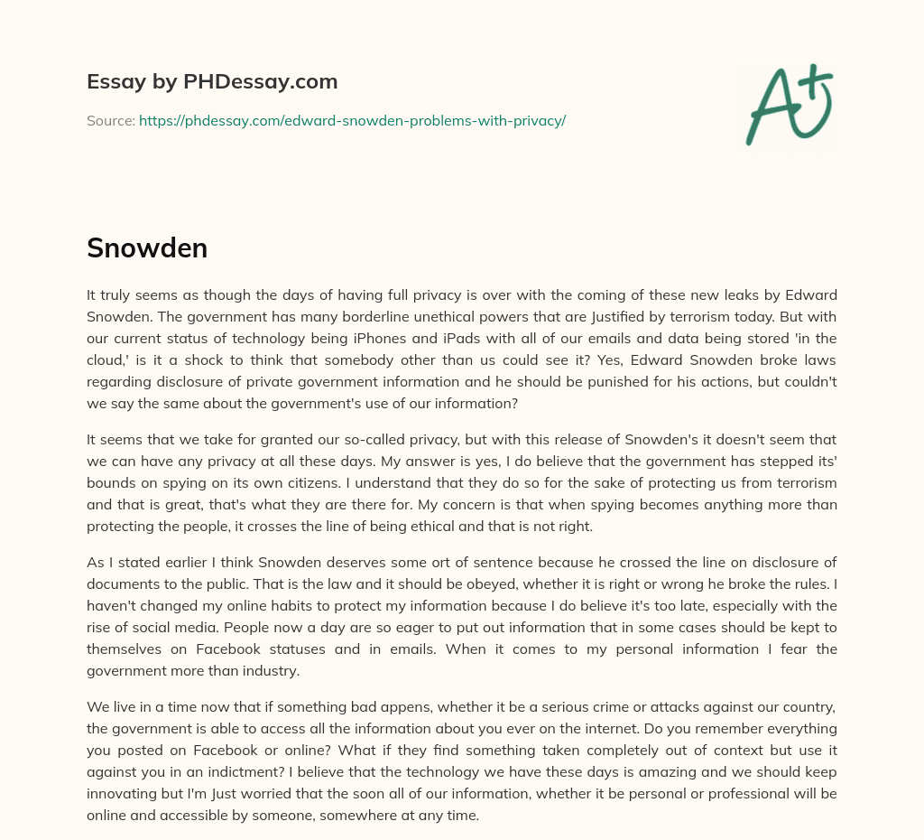 The End of Privacy: Edward Snowden’s Leaks and Government Surveillance essay