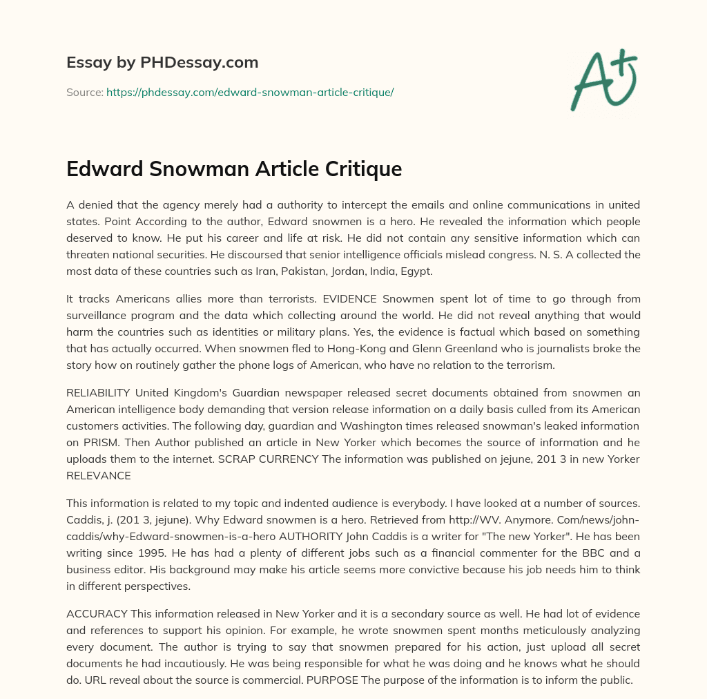Edward Snowman Article Critique essay