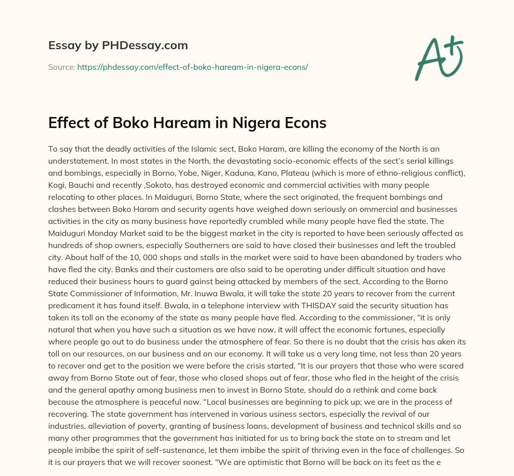 Effect of Boko Haream in Nigera Econs essay