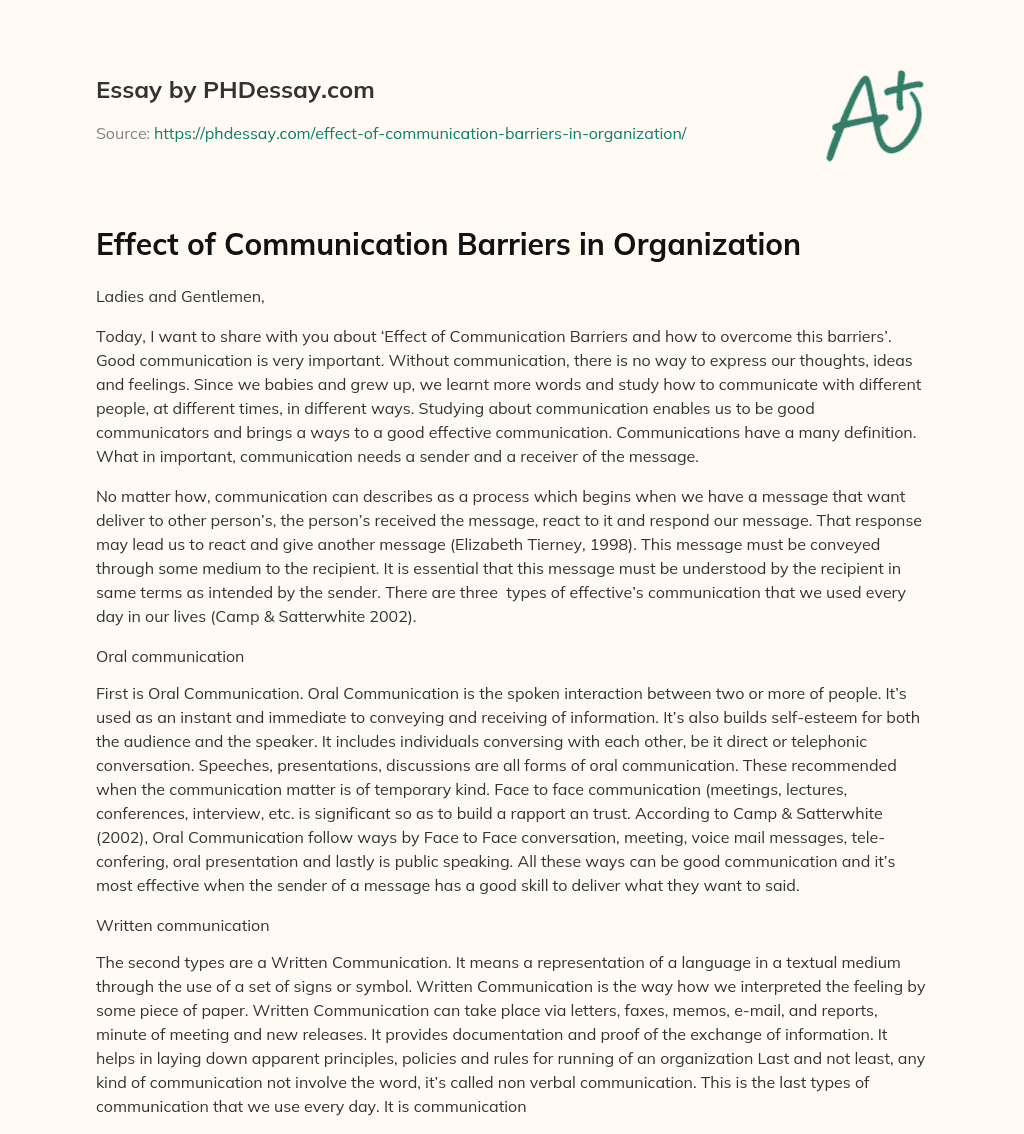 Effect of Communication Barriers in Organization essay