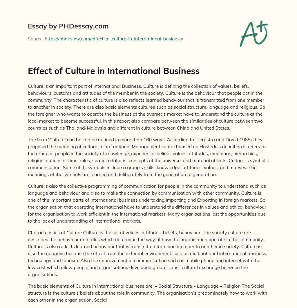 Effect of Culture in International Business essay