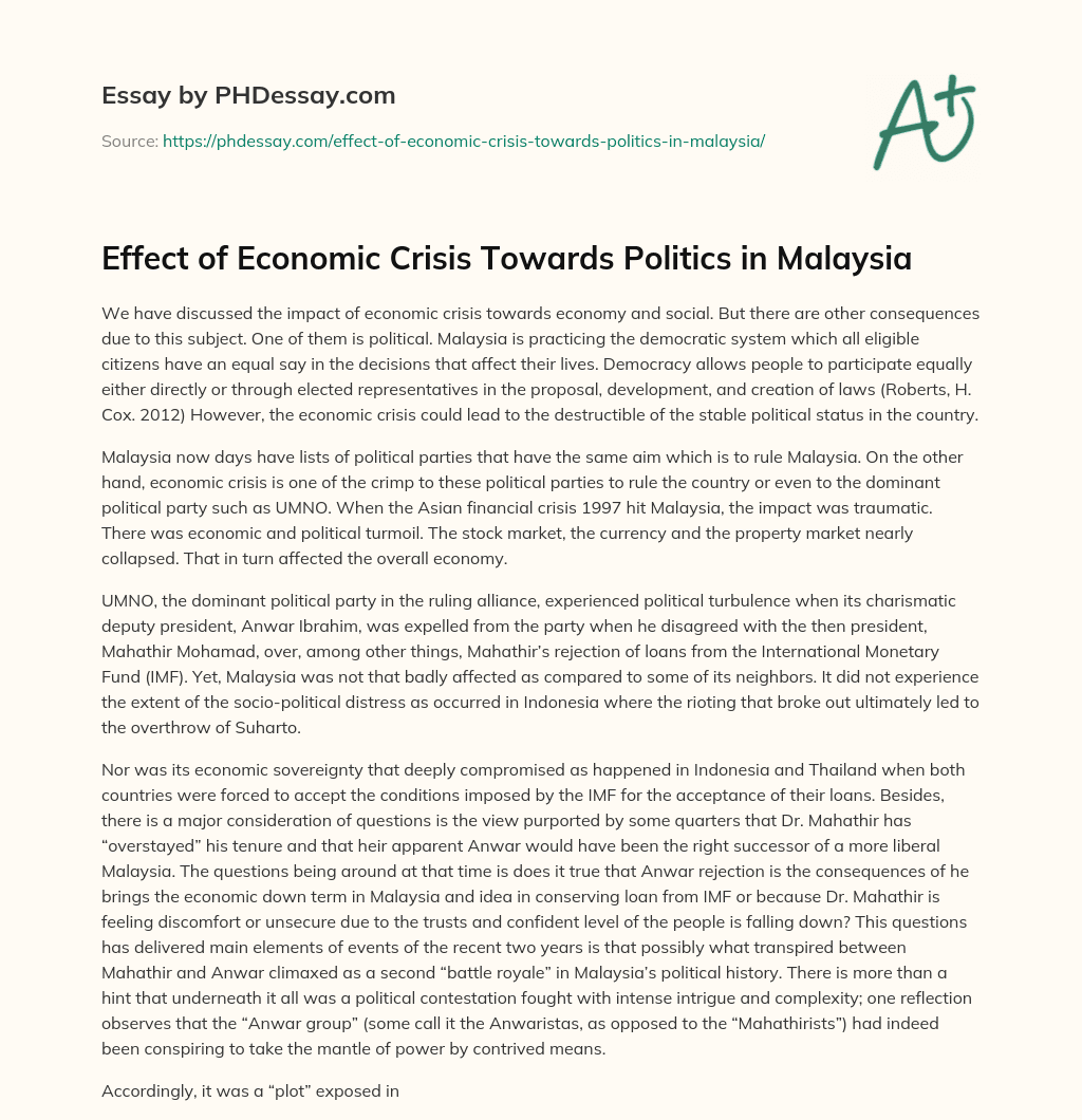 Effect of Economic Crisis Towards Politics in Malaysia essay