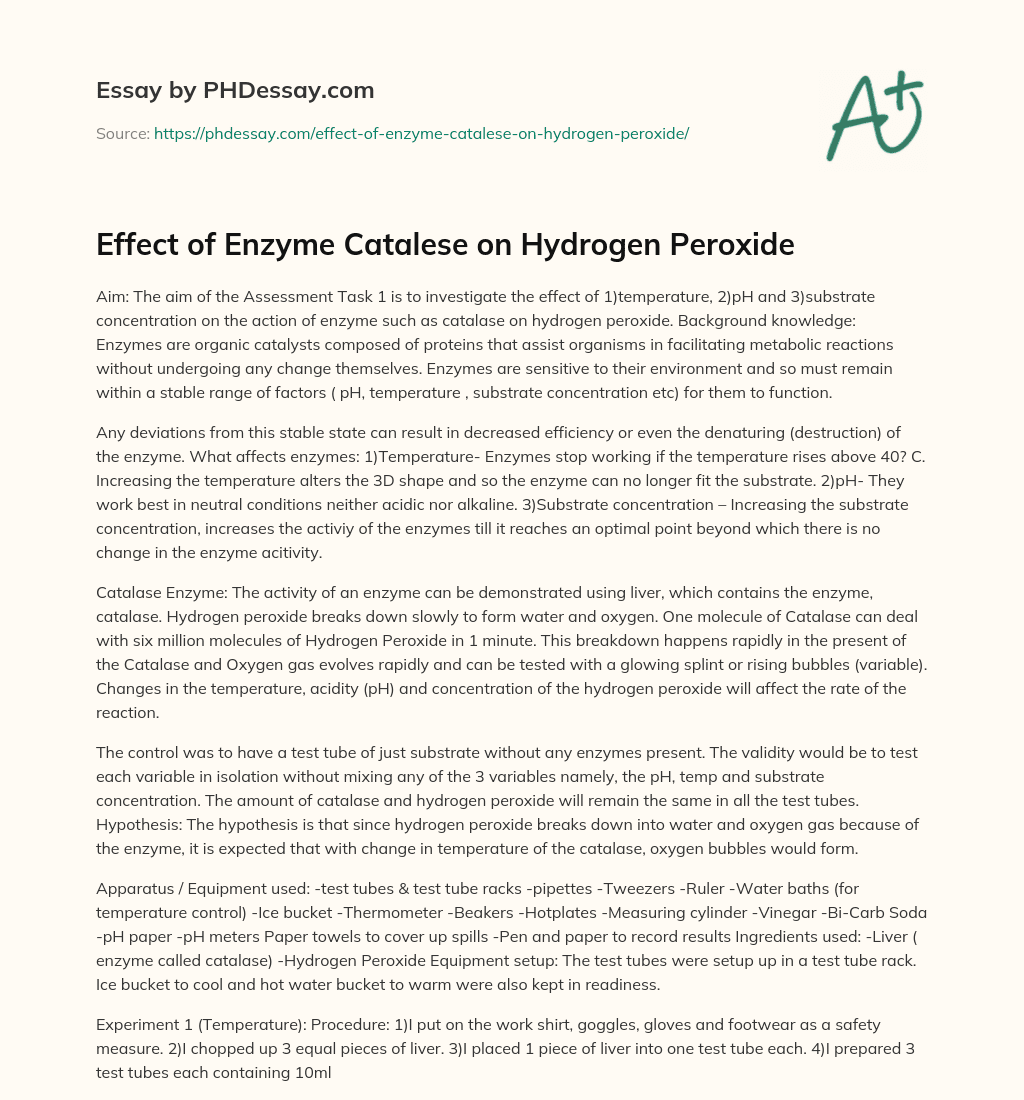 Effect of Enzyme Catalese on Hydrogen Peroxide essay