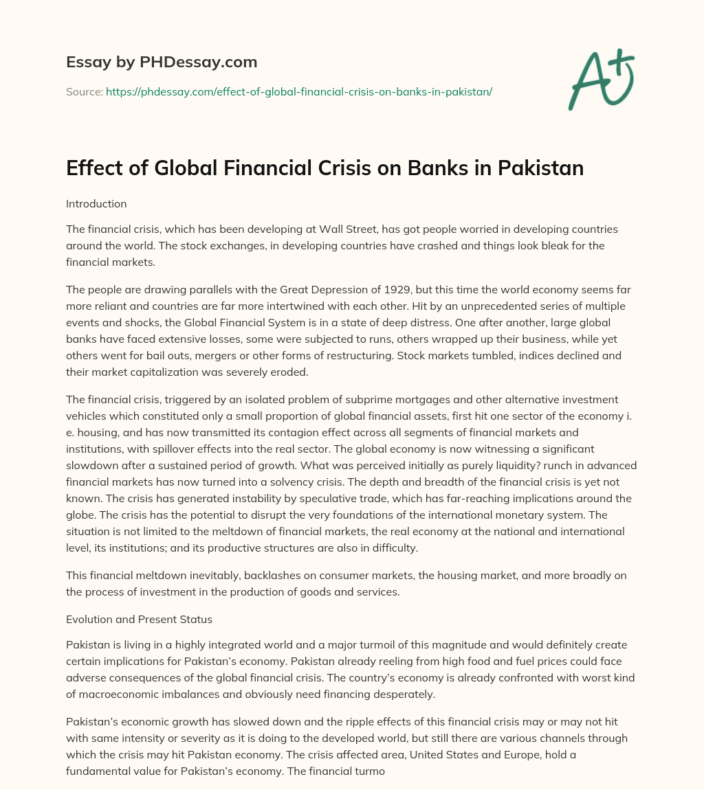 Effect of Global Financial Crisis on Banks in Pakistan essay