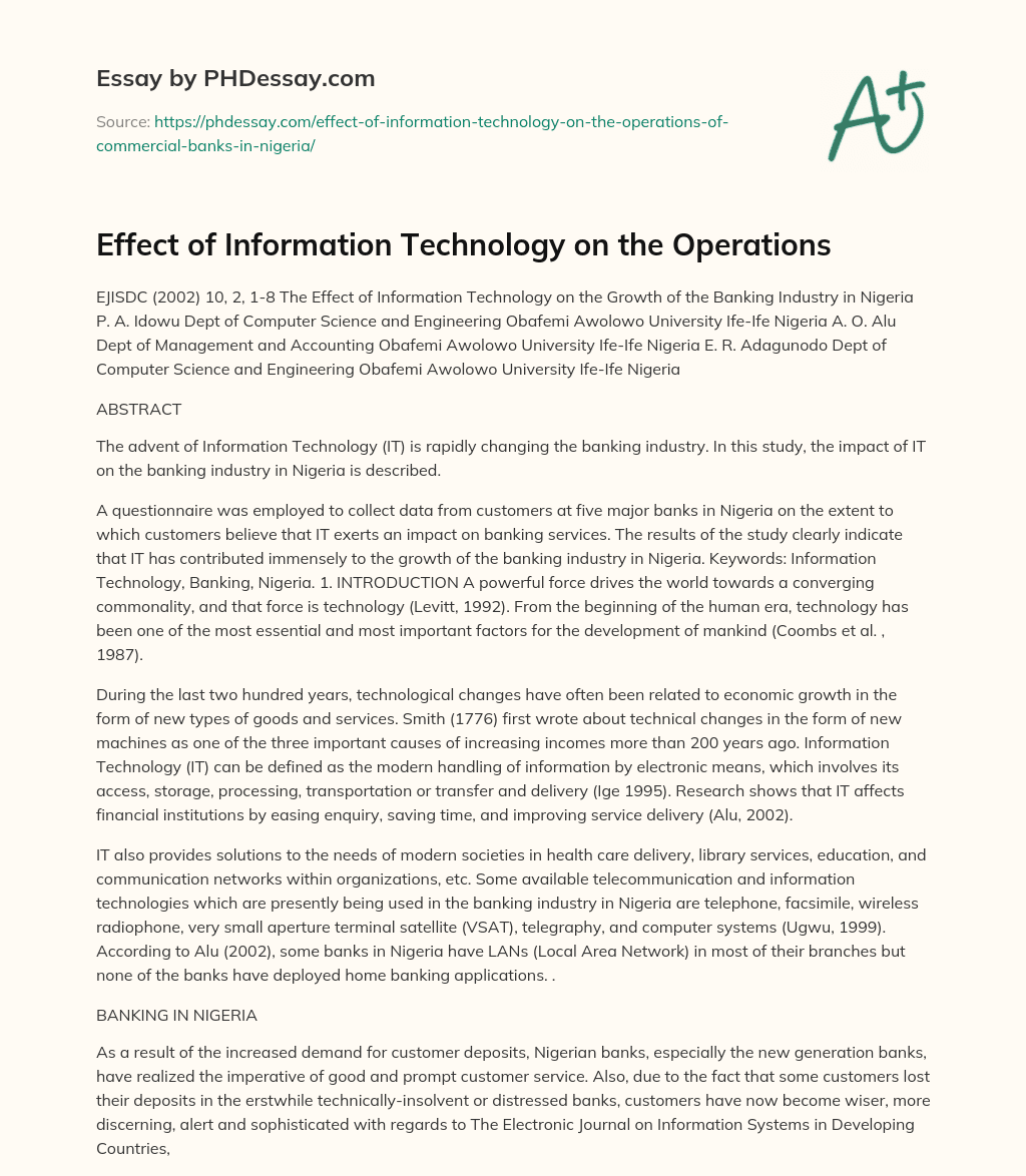 Effect of Information Technology on the Operations essay
