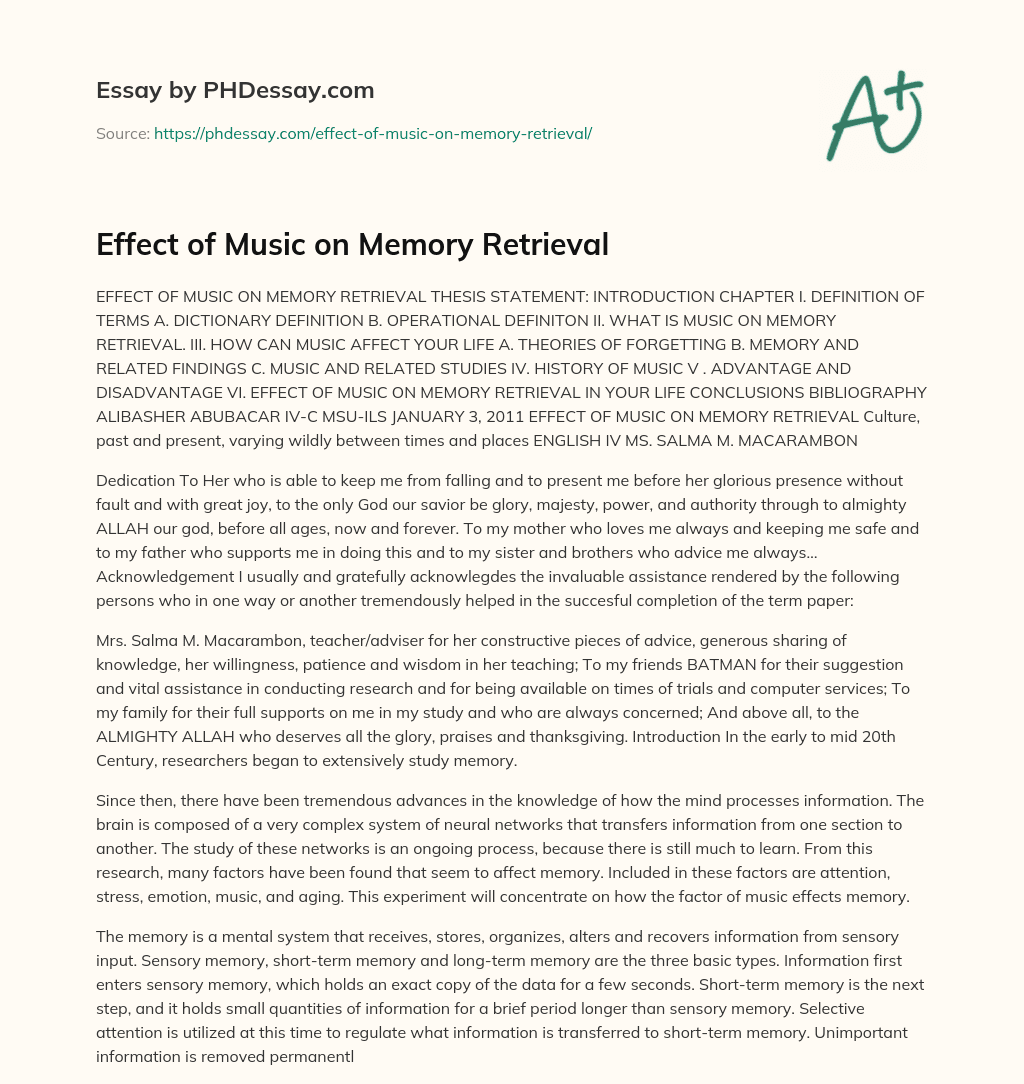 Effect of Music on Memory Retrieval essay