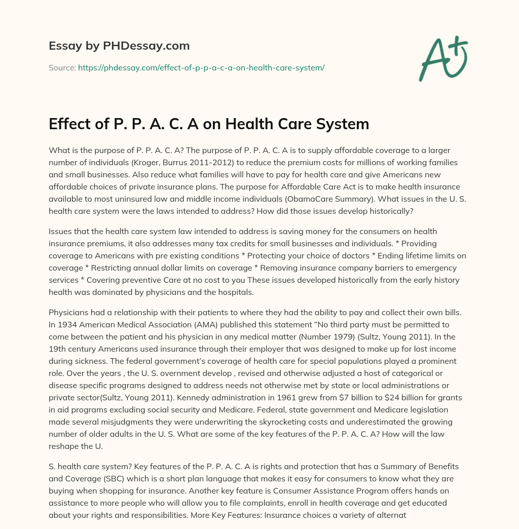 Effect of P. P. A. C. A on Health Care System essay