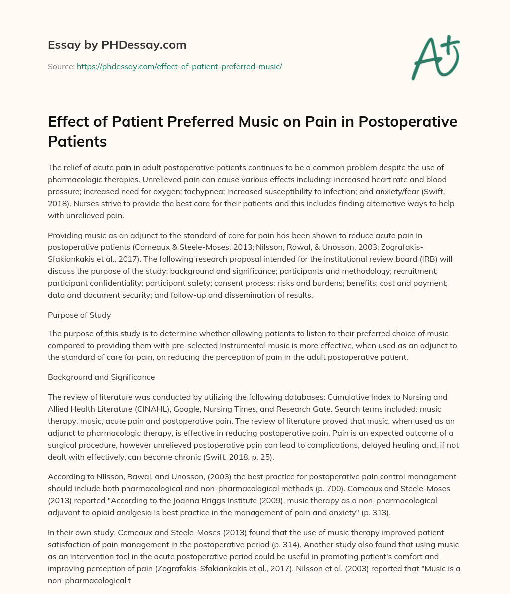 Effect of Patient Preferred Music on Pain in Postoperative Patients essay