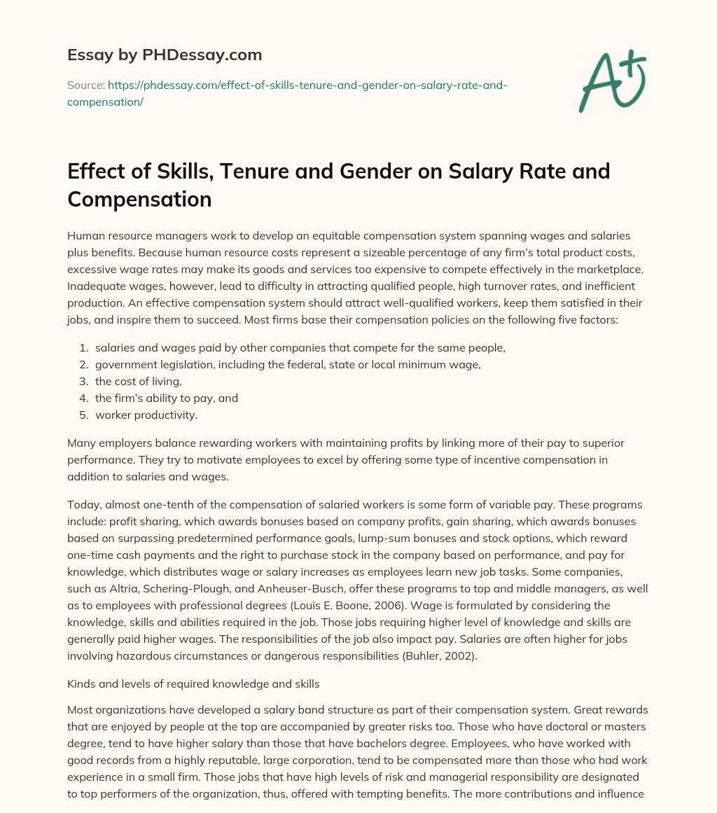 Effect of Skills, Tenure and Gender on Salary Rate and Compensation essay