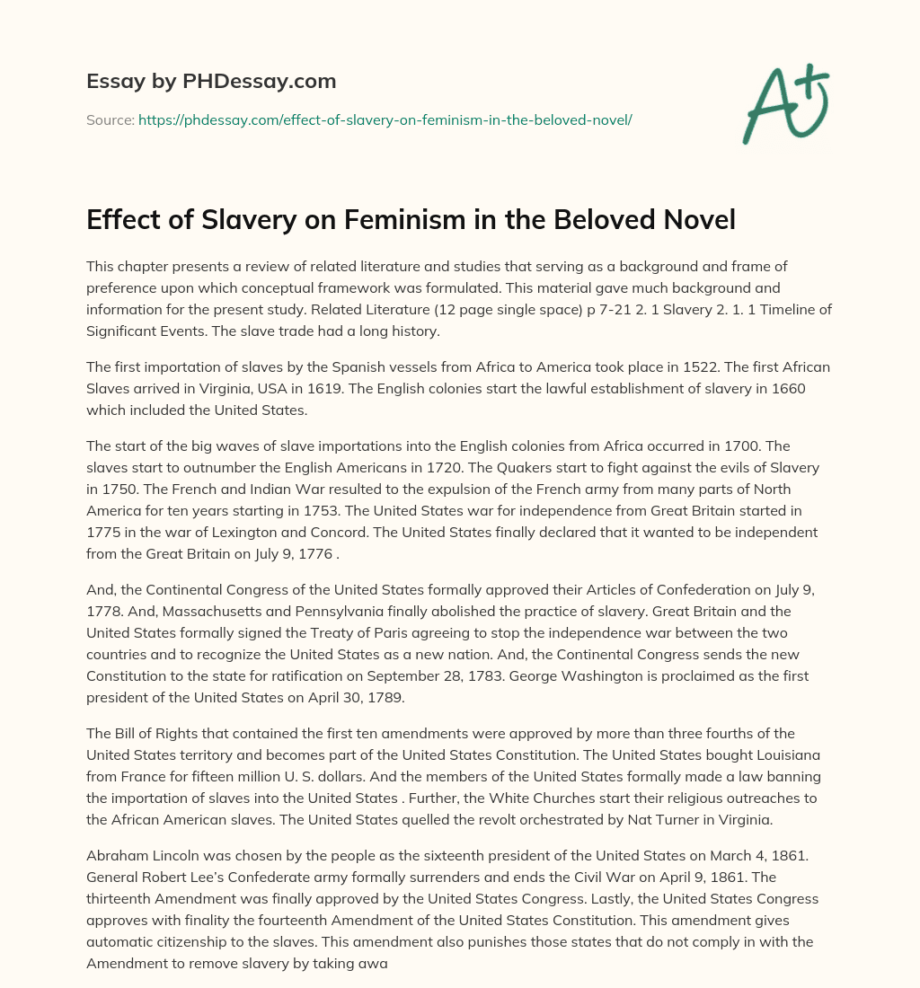 Effect of Slavery on Feminism in  the Beloved Novel essay