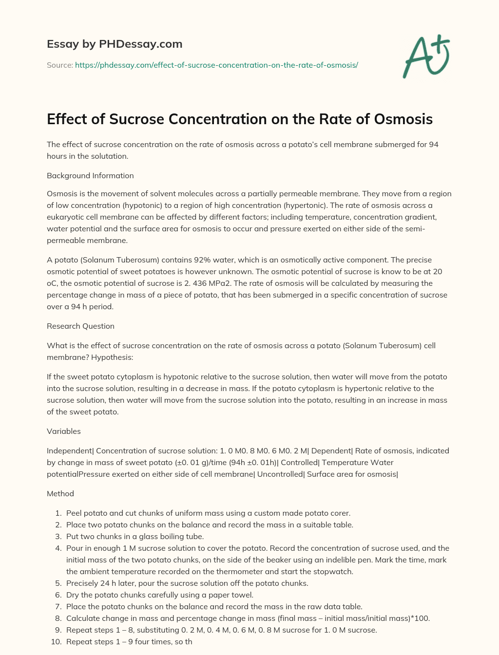 Effect of Sucrose Concentration on the Rate of Osmosis essay
