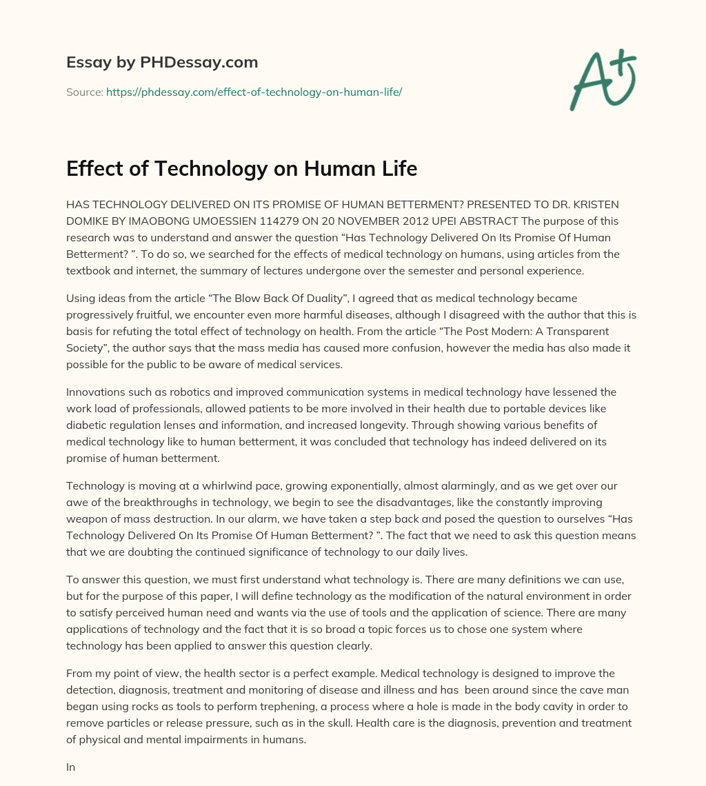 Effect of Technology on Human Life essay