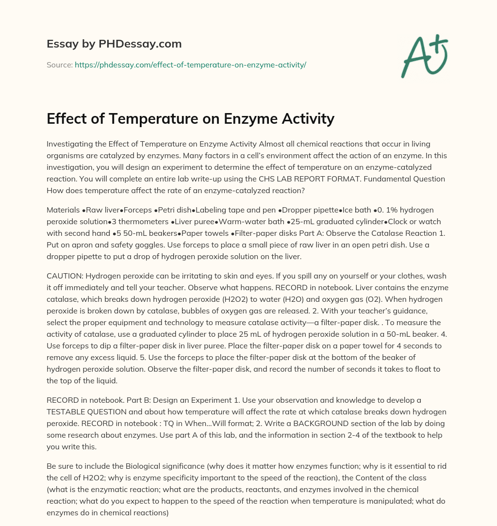 Effect of Temperature on Enzyme Activity essay