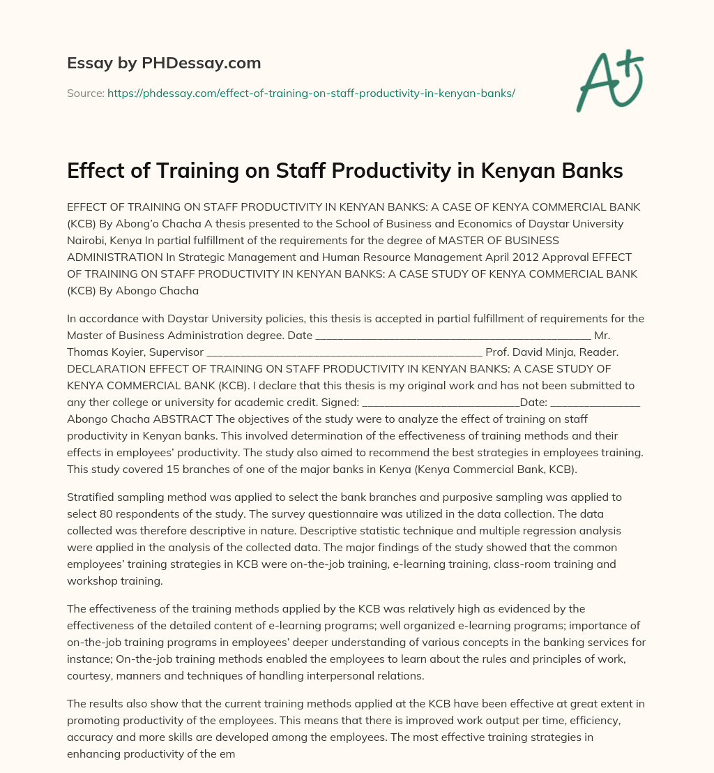 Effect of Training on Staff Productivity in Kenyan Banks essay