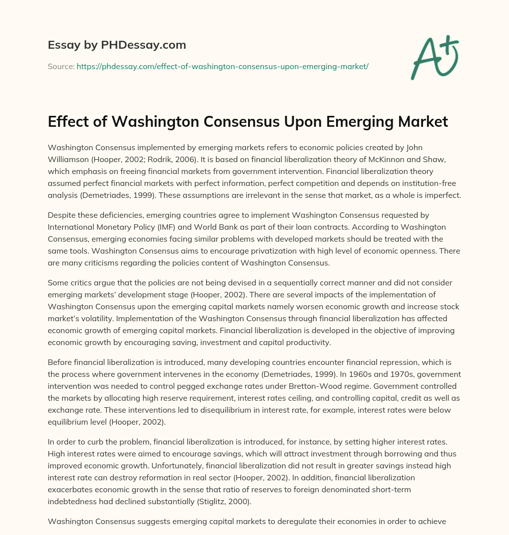 Effect of Washington Consensus Upon Emerging Market essay