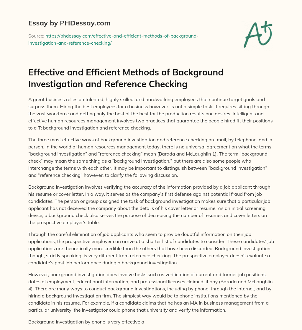 Effective and Efficient Methods of Background Investigation and Reference Checking essay