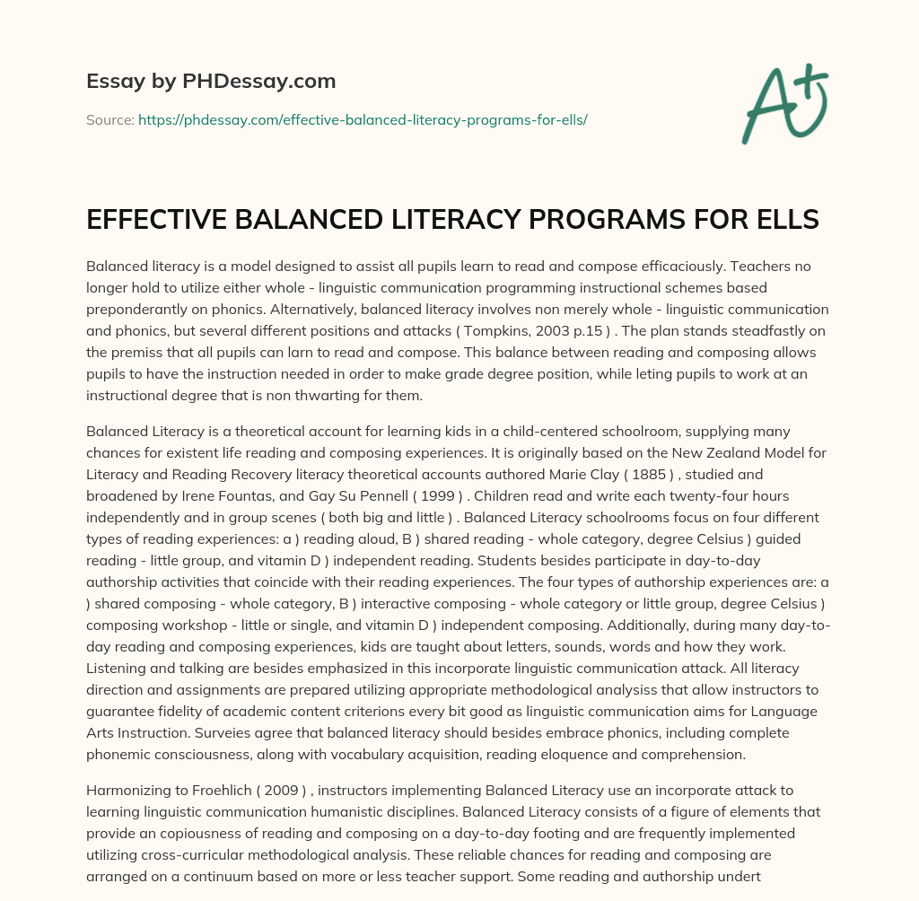 EFFECTIVE BALANCED LITERACY PROGRAMS FOR ELLS essay