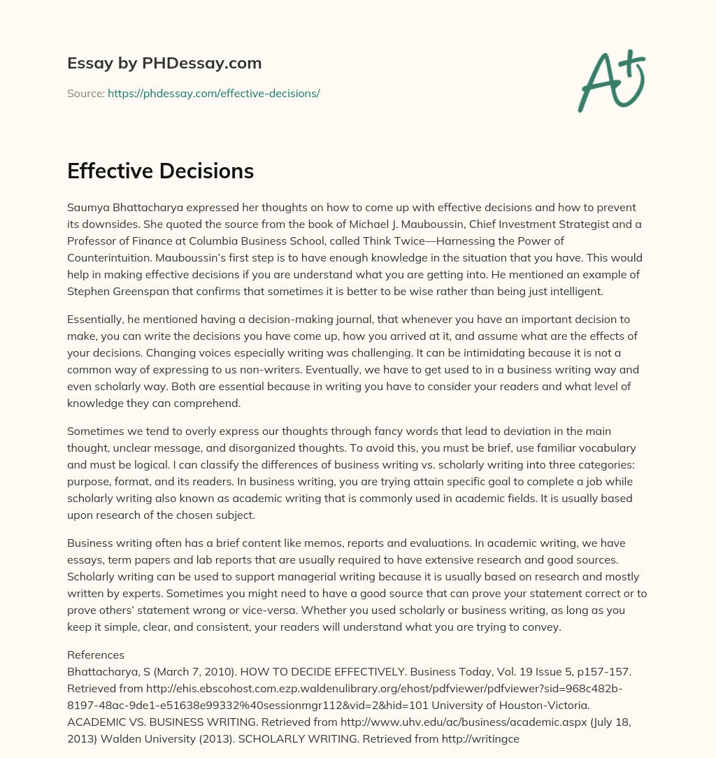 Effective Decisions essay