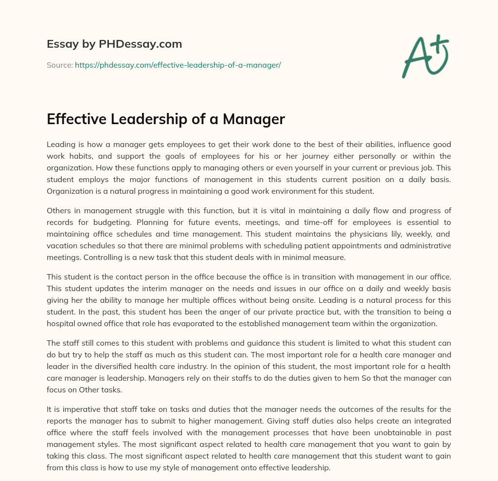 Effective Leadership of a Manager essay