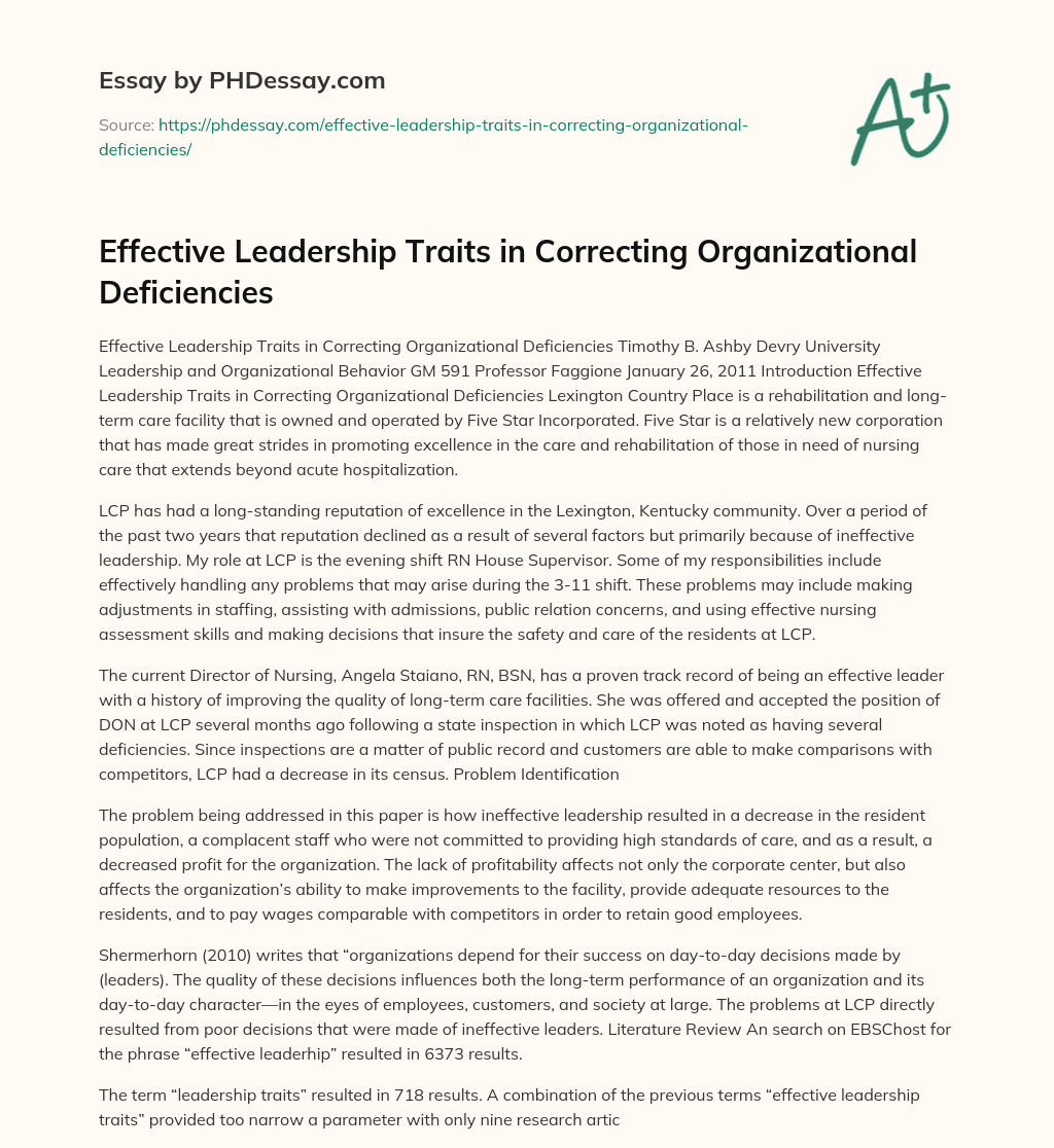 Effective Leadership Traits in Correcting Organizational Deficiencies essay