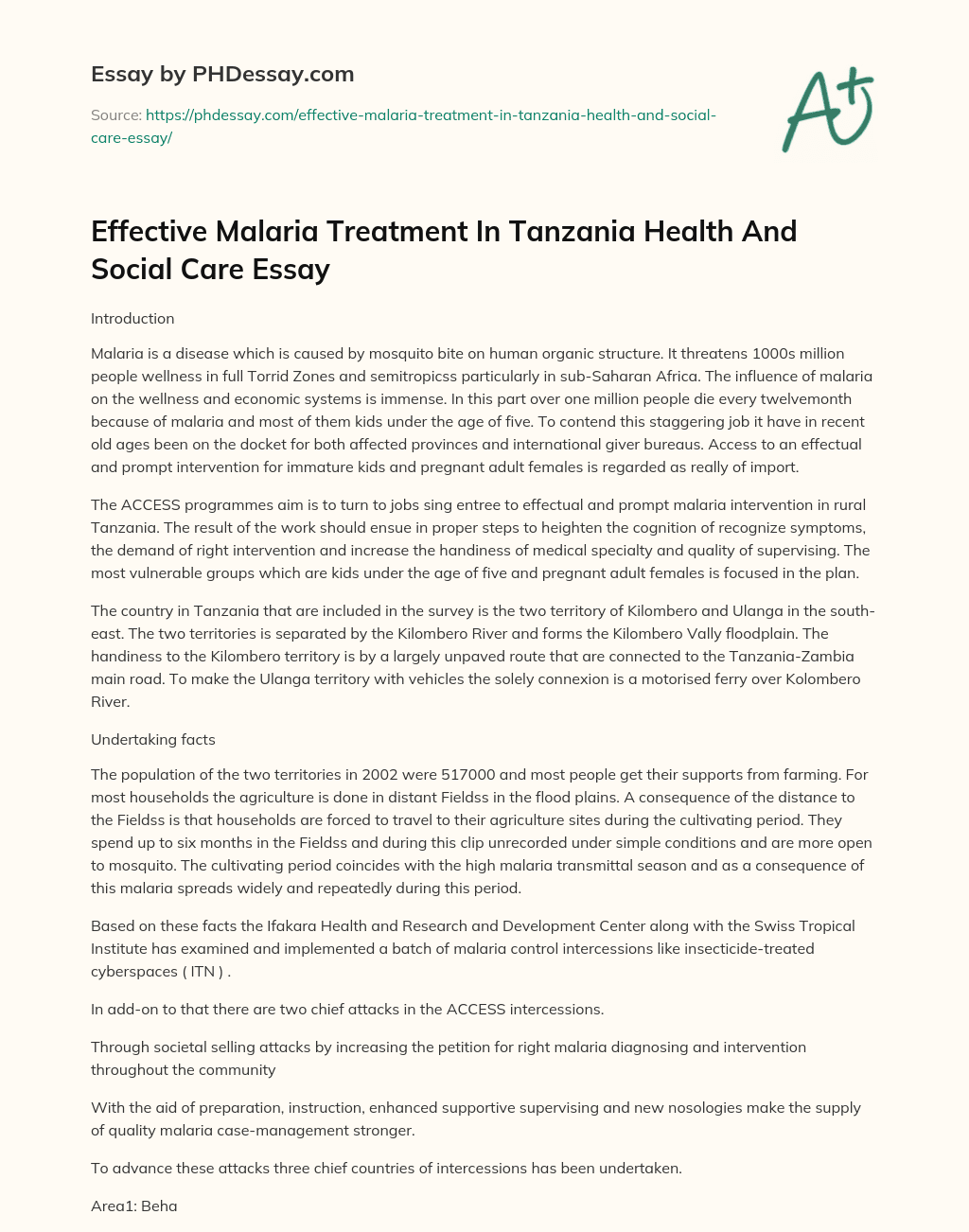 Effective Malaria Treatment In Tanzania Health And Social Care Essay essay