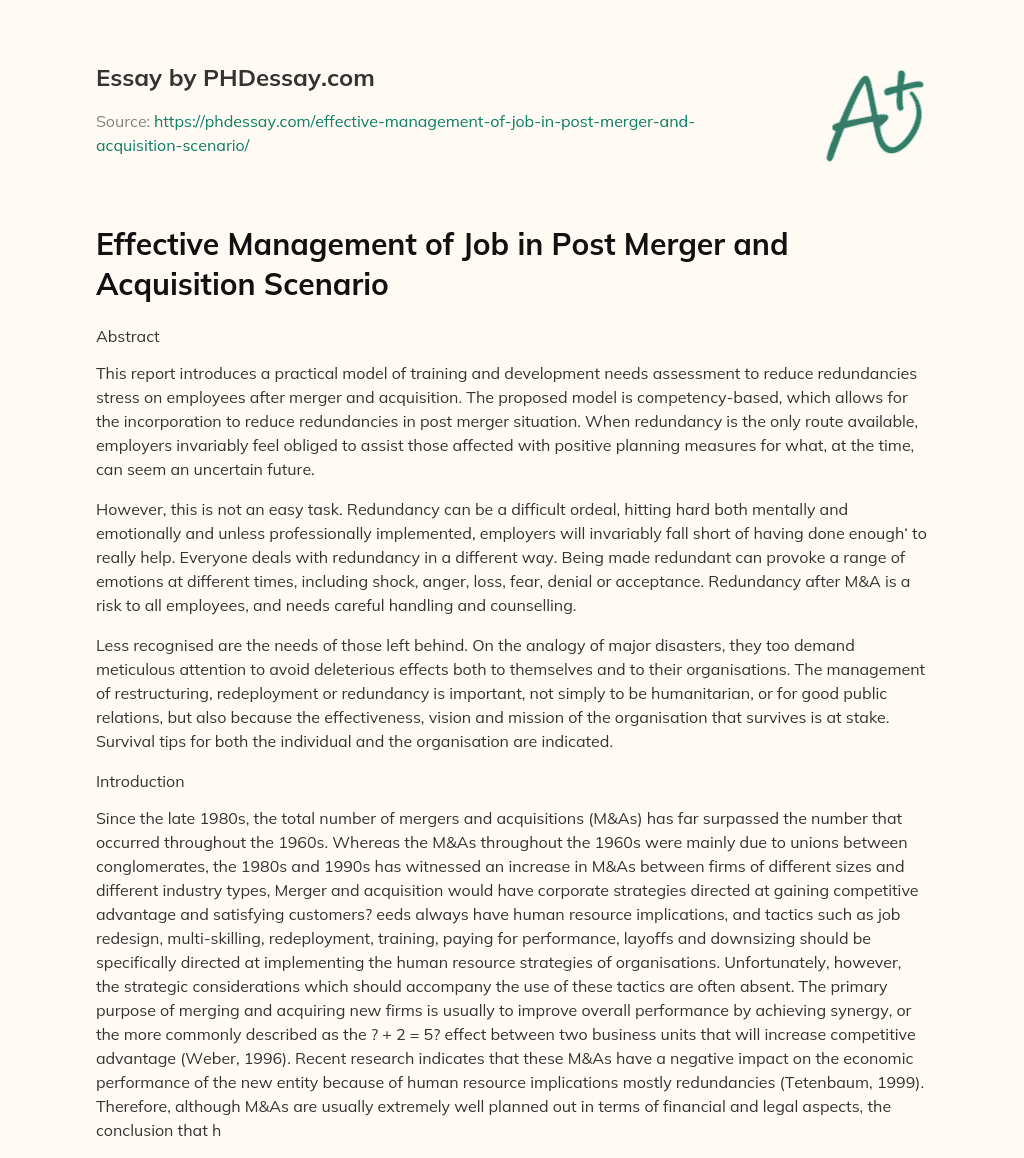 Effective Management of Job in Post Merger and Acquisition Scenario essay