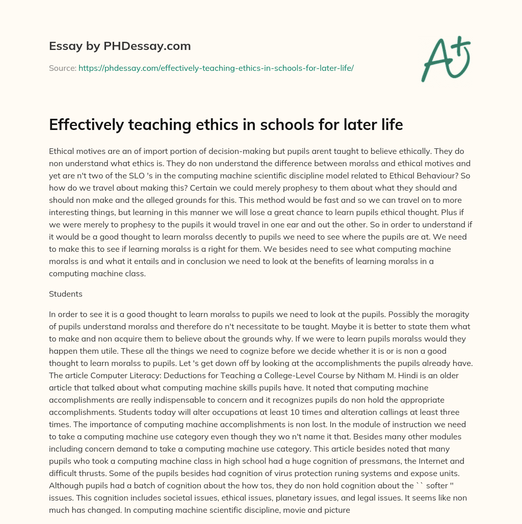 Effectively teaching ethics in schools for later life essay