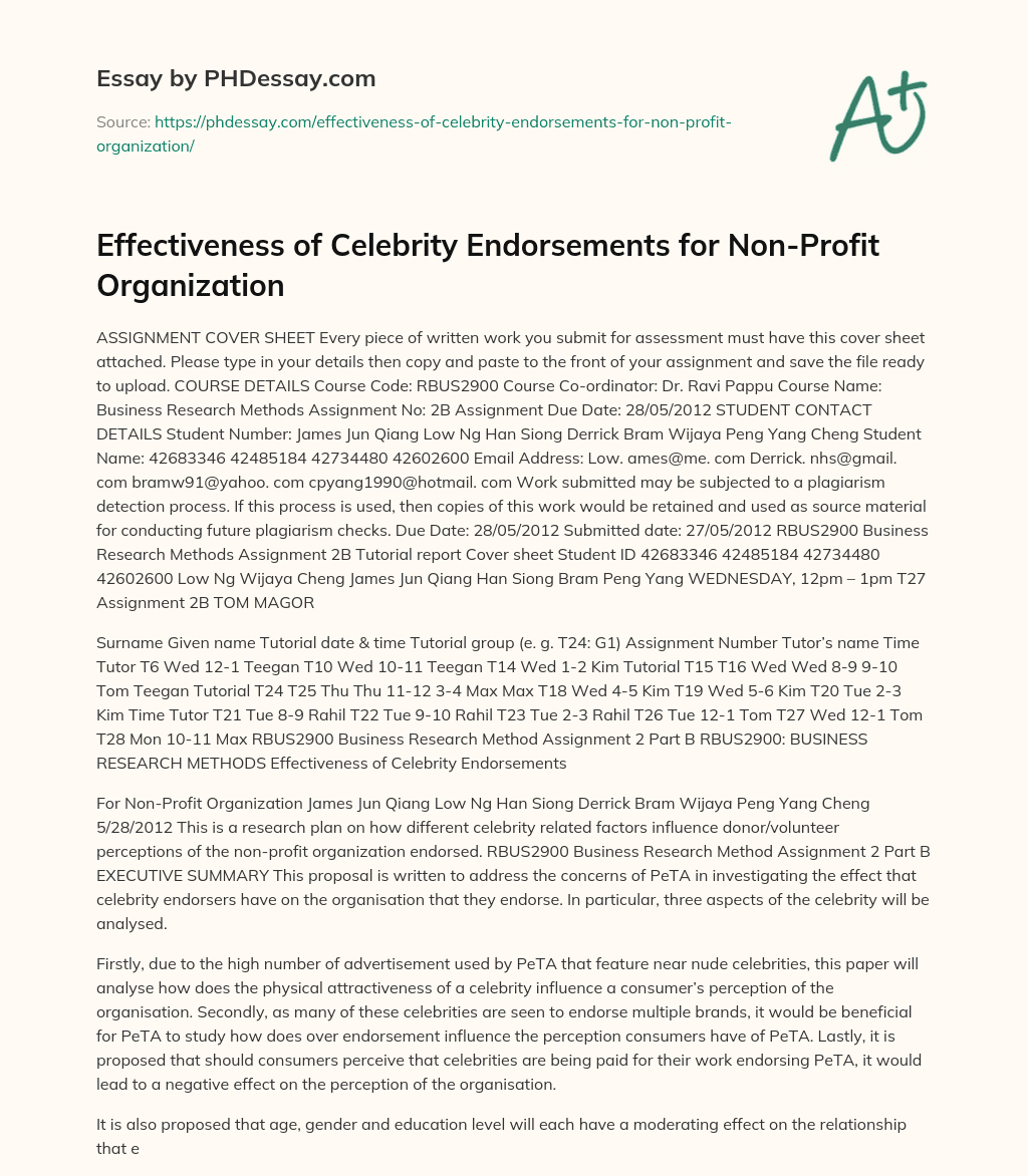 Effectiveness of Celebrity Endorsements for Non-Profit Organization essay