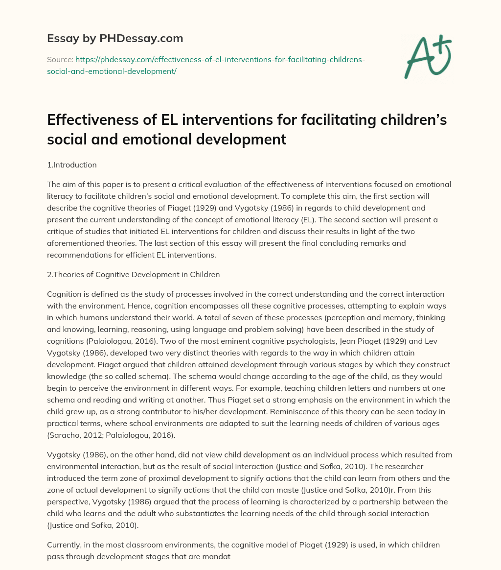 Effectiveness of Emotional Literacy Interventions for Children: A Critical Evaluation essay