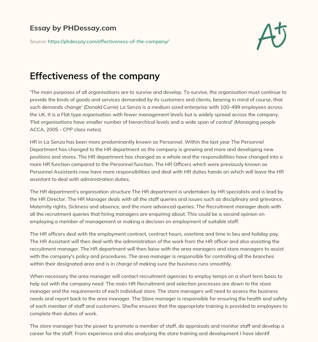 Effectiveness of the company essay