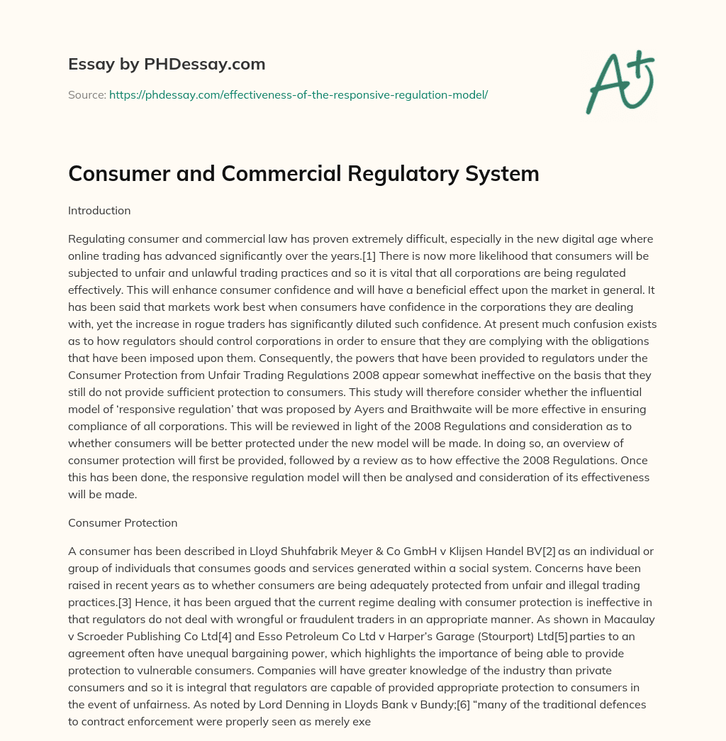 Consumer and Commercial Regulatory System essay